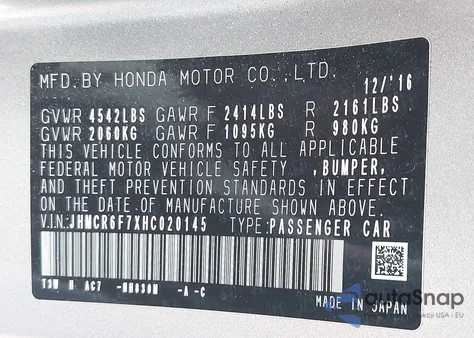 2017 Honda Accord Hybrid Touring from USA, damaged, VIN JHMCR6F7XHC020145